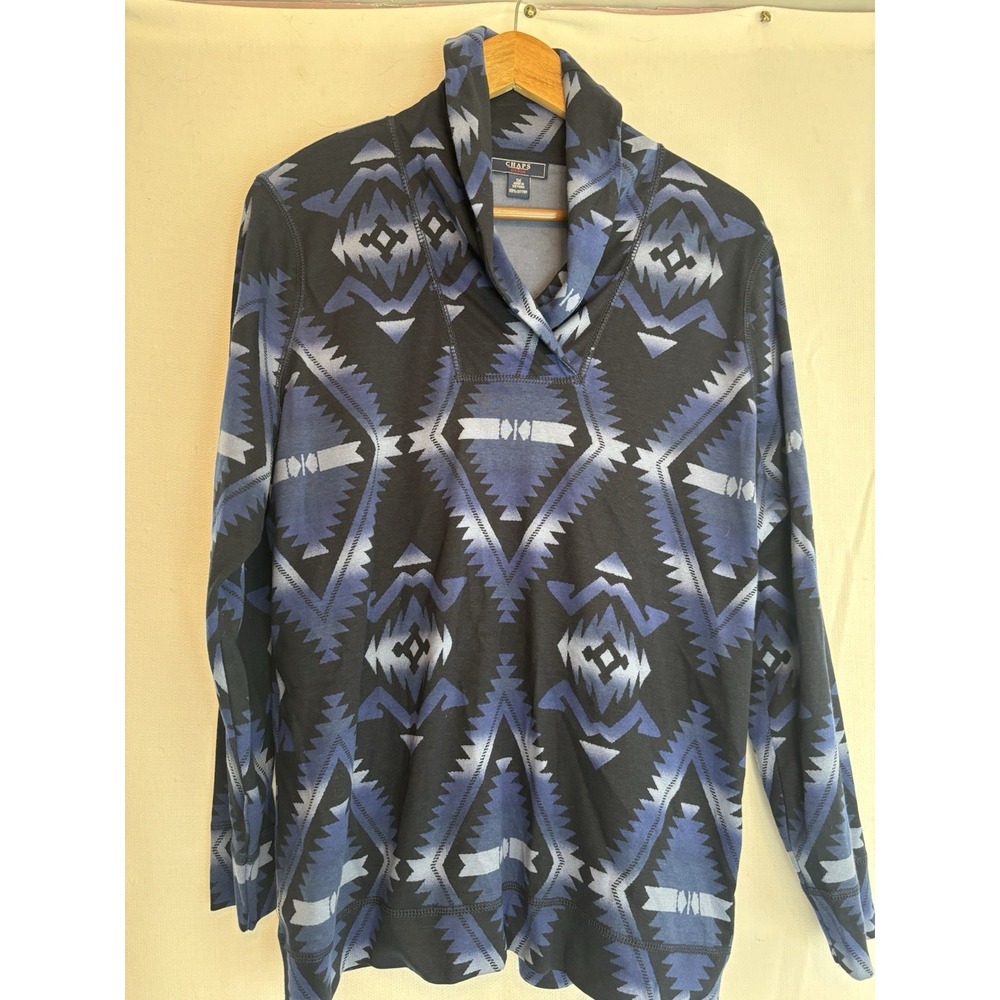 Chaps Denim Aztec Shirt Womens XL Blue Southwestern Shawl Collar Top Long Sleeve